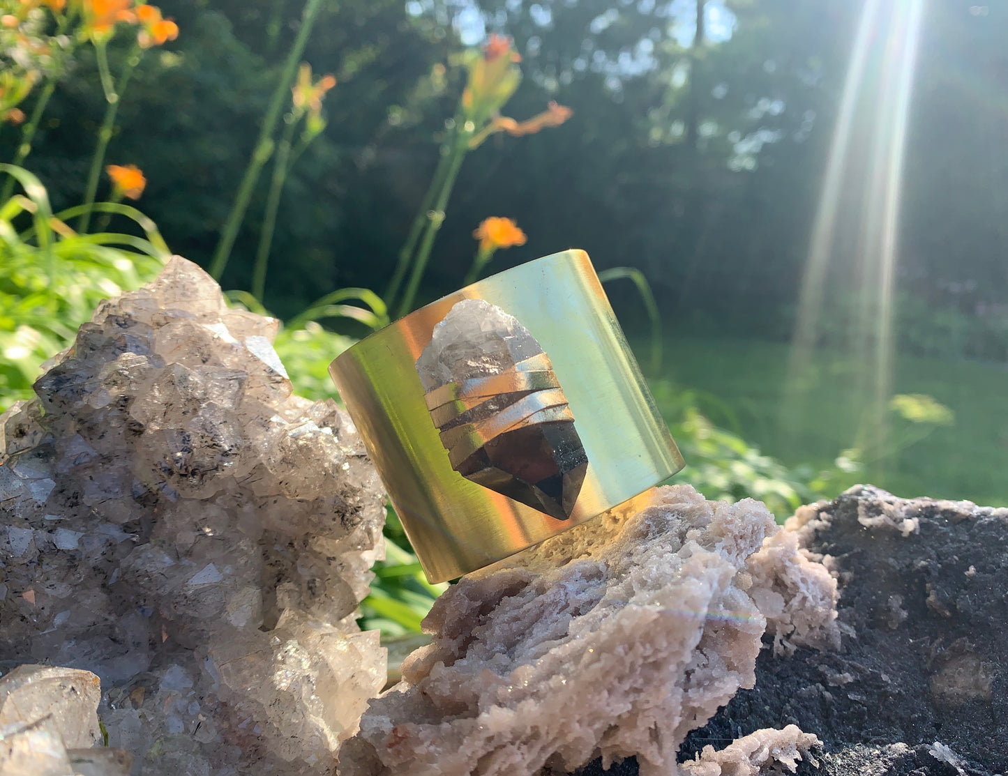 Smokey Quartz 2in Brass Cuff