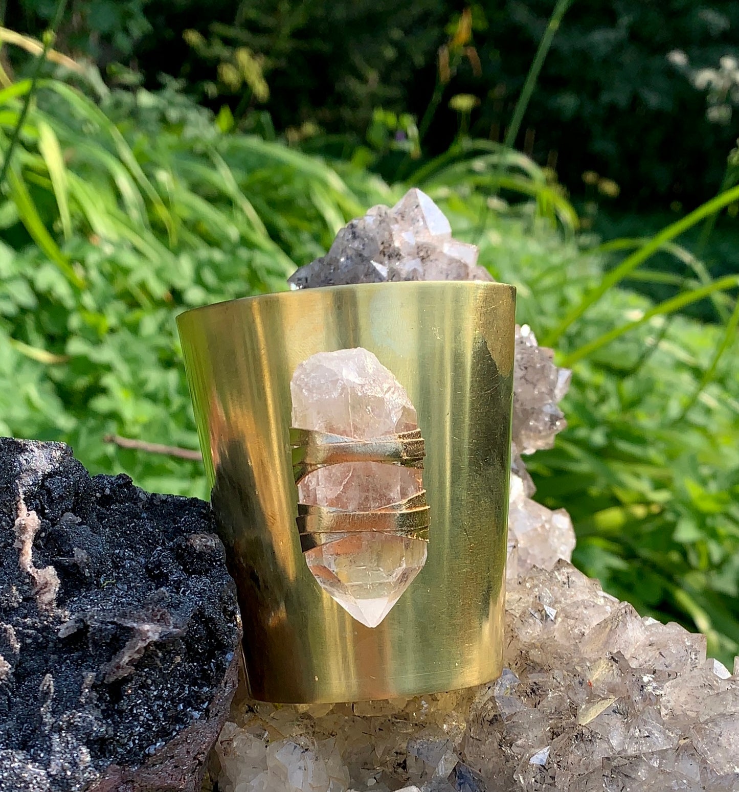 Clear Quartz Crystal 3 in Brass Cuff