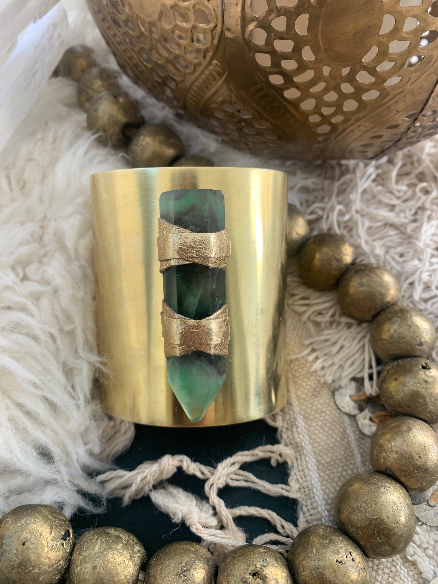Rainbow Fluorite 3in brass cuff