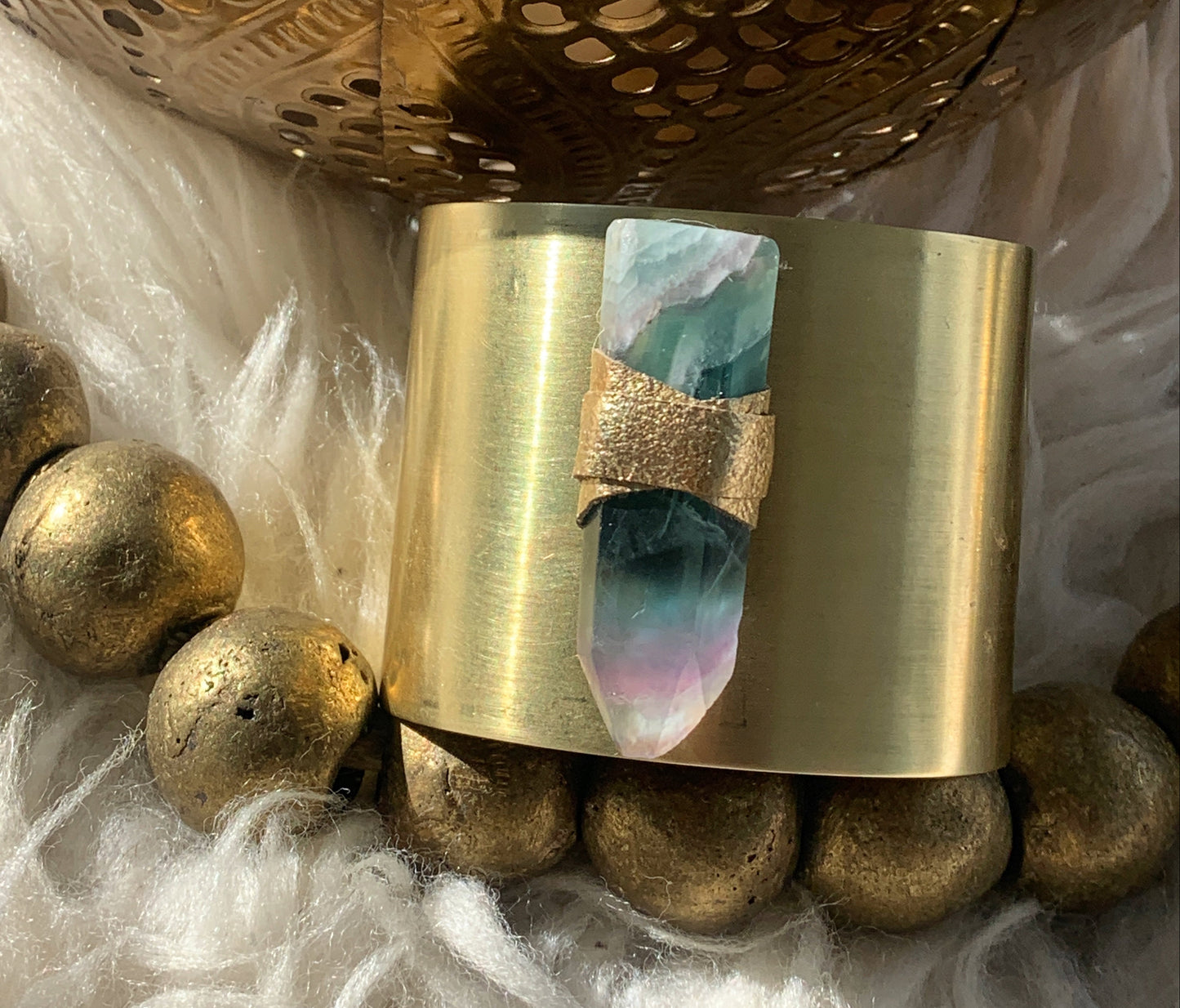 Rainbow Fluorite 2in brass cuff