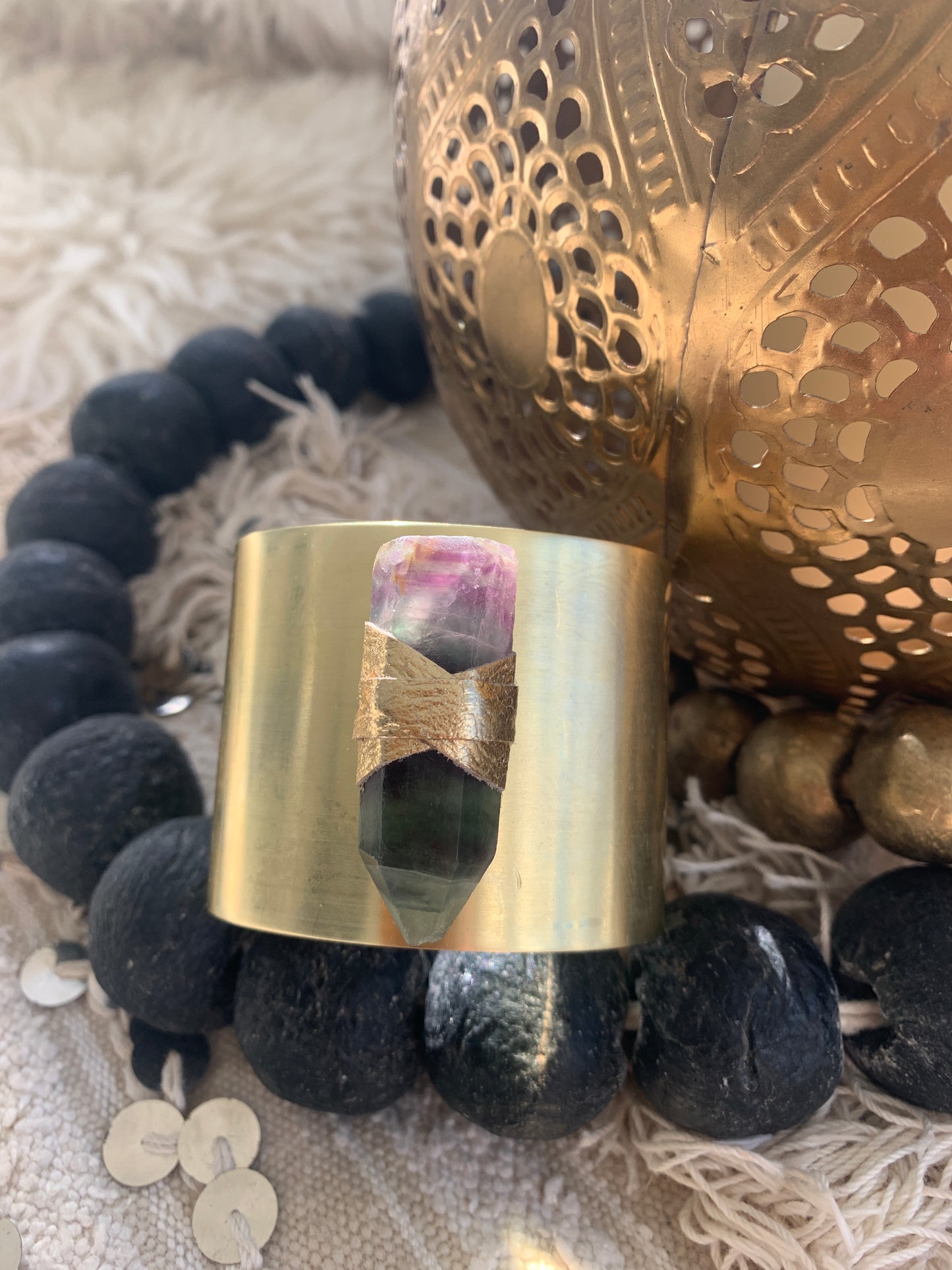 Rainbow Fluorite 2in brass cuff