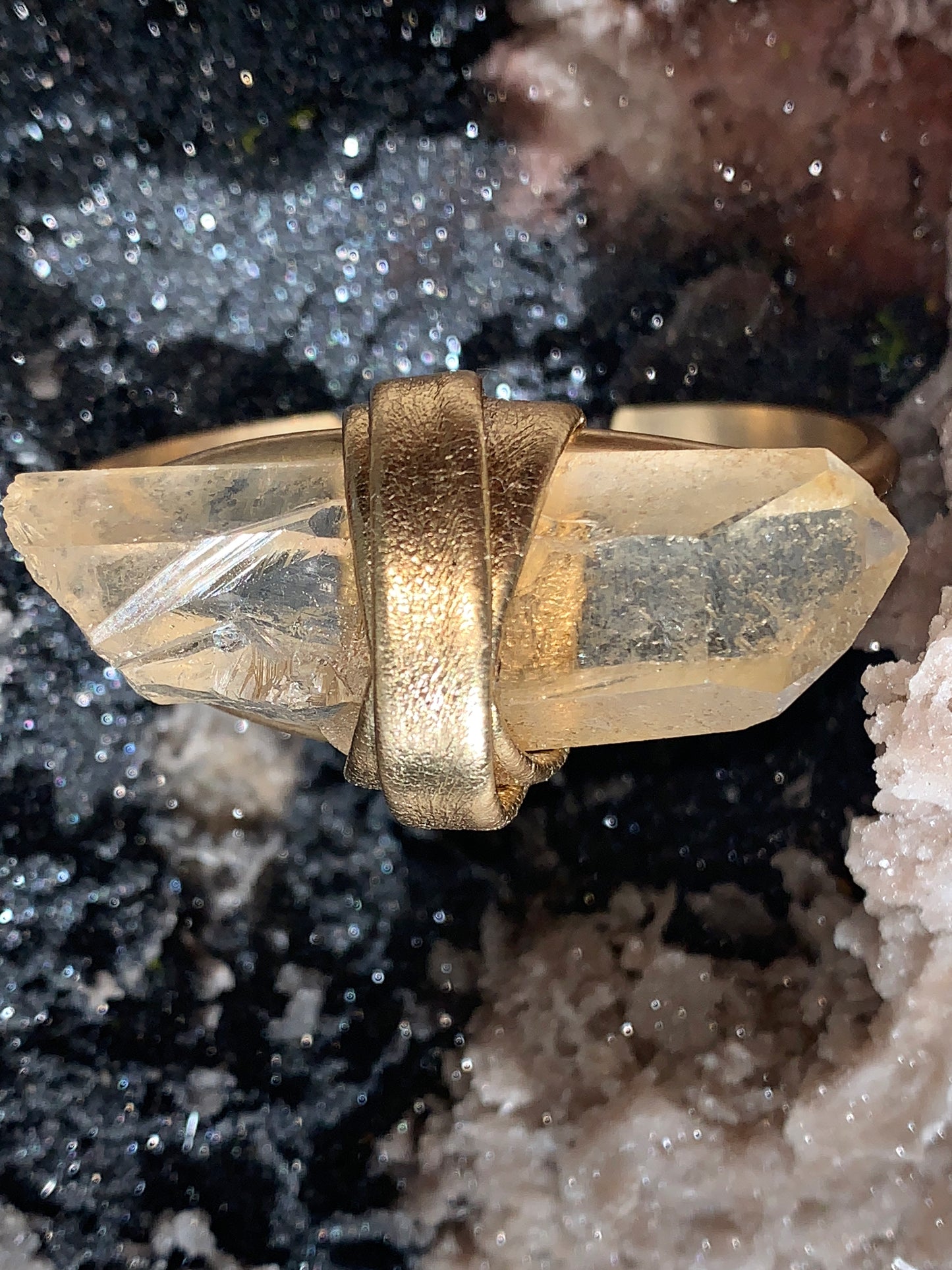 Champagne Tangerine Quartz open eye brass cuff