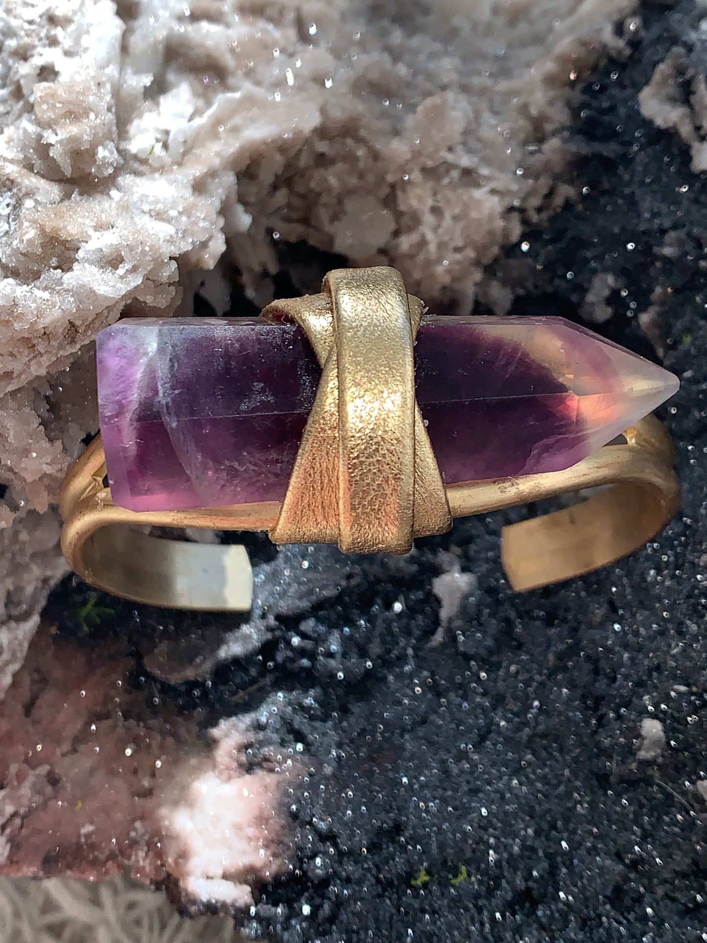 Purple Fluorite open eye Brass Cuff