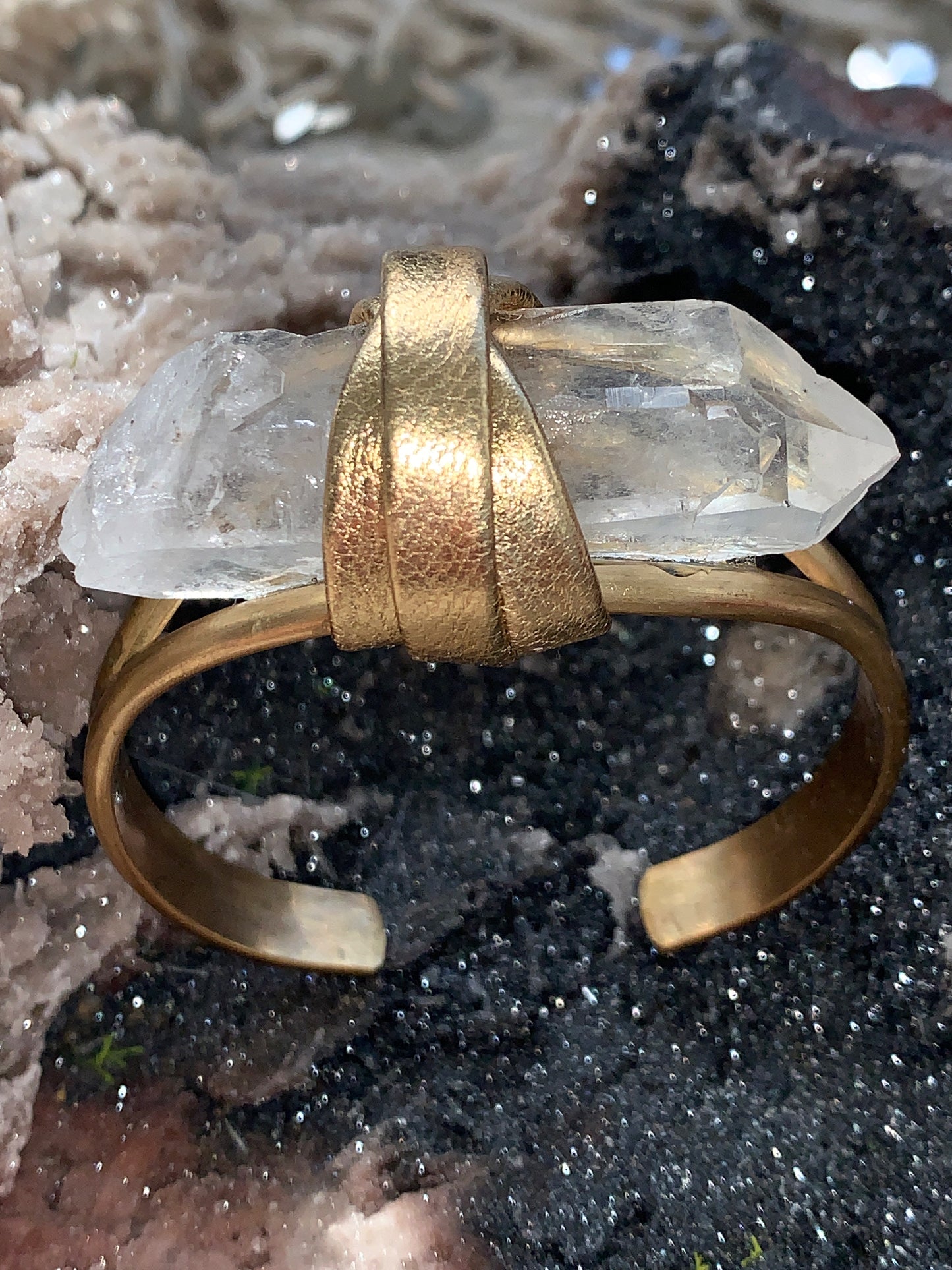 Clear Quartz open eye Brass Cuff with gold leather
