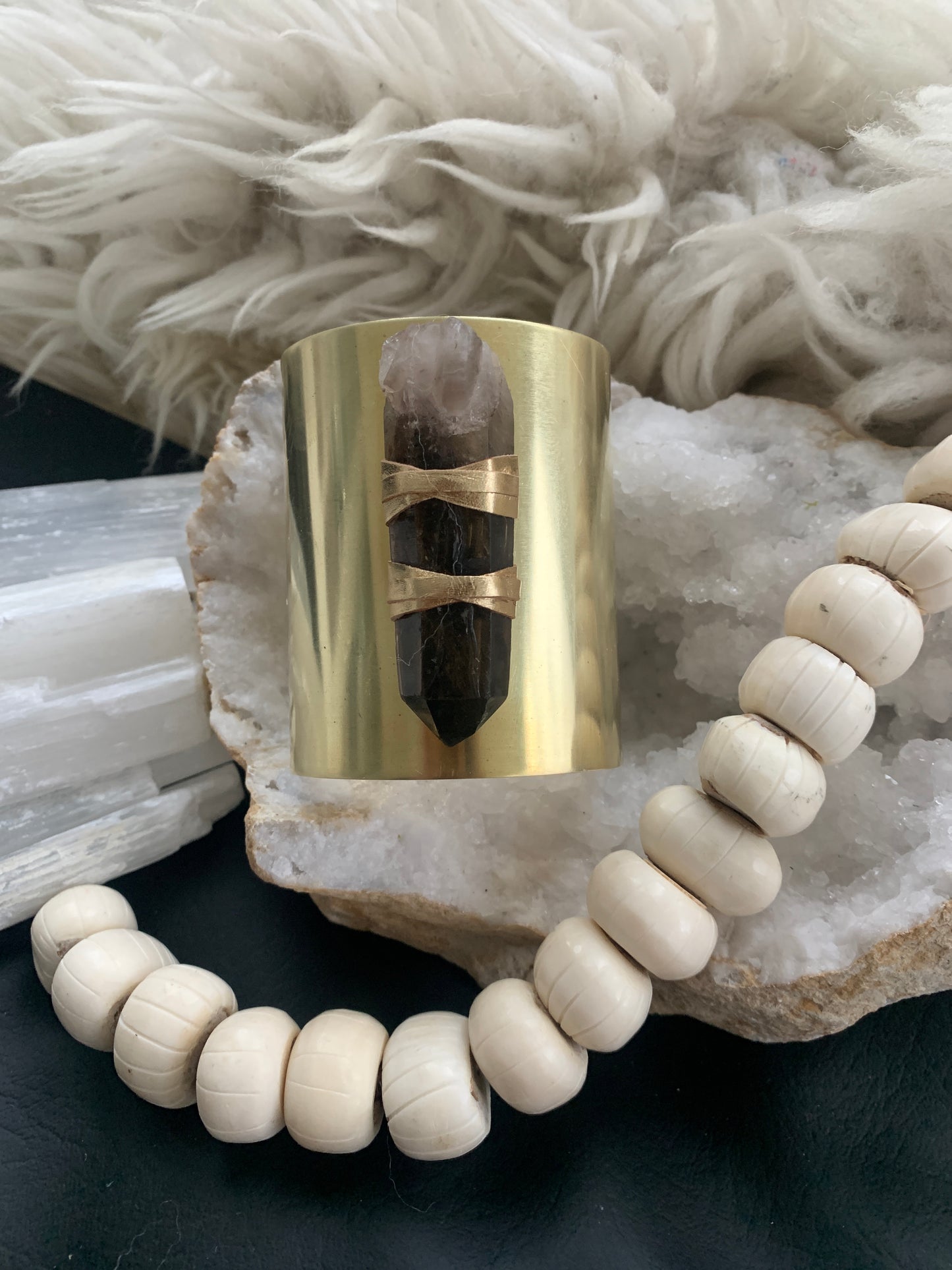 Smokey Quartz 3in Brass Cuff